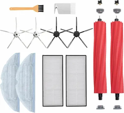 Produktbild von Zubehör für den Saugroboter: Filterzubehör – Seitenbürste schwarz 2 – Seitenbürste weiß 2 – Filter 2 – Lappen 2, Walzenbürste 2 – Vogelbürste 1 – kleine gelbe Bürste 1