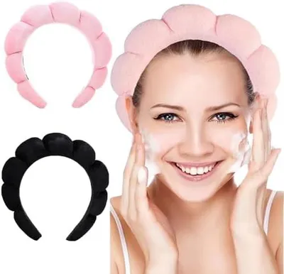 Produktbild von 2-teiliges Spa-Stirnband zur Make-up-Entfernung aus weichem Schwamm für Hautpflege, Gesichtswäsche, Dusche und Yoga (Schwarz/Rosa)