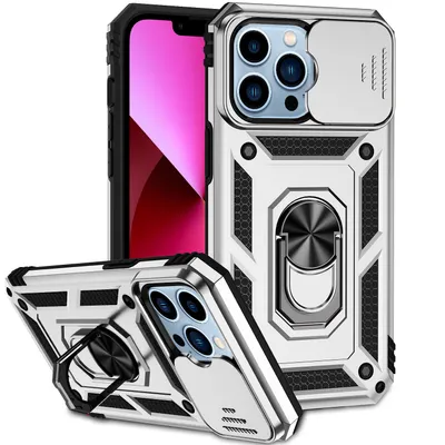 Obrázek produktu pro Pouzdro pro iPhone 14 Pro dvouvrstvé pouzdro s posuvným krytem kamery a prstencovým stojánkem Stříbro