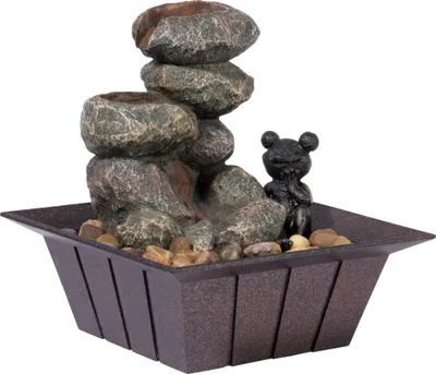 Produktbild von dobar Zimmerbrunnen in Steinoptik mit Deko-Steinen und Frosch, Wasserspiel mit Pumpe für innen, Polyresin, 20 x 20 x 21,5 cm, grau-schwarz