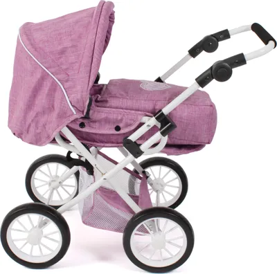A pink doll stroller is shown against a white background.