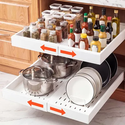 Immagine prodotto di Organizzatori estraibili per armadietti da cucina - Set di 2 cassetti telescopici - Larghezza regolabile da 31 a 48 cm - Profondità 52 cm - Con strisce adesive in nanotecnologia - Bianco