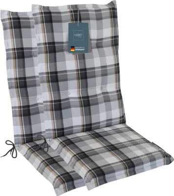 Produktbild von LILENO HOME Gartenstuhl Auflagen als [2er Set - Hochlehner] in Karo Grau - bequeme Liegen als Sitzauflagen für Gartenmöbel - Stuhlkissen für Gartenstühle und Klappstühle