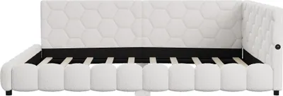 Image de CDGlobal Lit rembourré 140x200cm avec USB, Canapé-lit avec sommier à lattes, Lit de jour Lit de jeunesse avec LED/Type C, Lit d'invité Canapé-lit Lit double, Velours