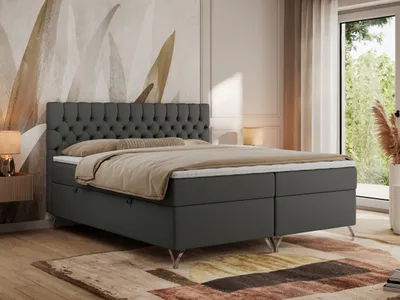 Produktbild von MKS MEBLE Boxspringbett 140x200, Bett 140x200 mit Matratze H4, Boxspringbett 140x200 mit Bettkasten und Topper, Polsterbett 140x200 Füße - GRIMALDI - 140x200 - Dunkelgrau Kunstleder - H4