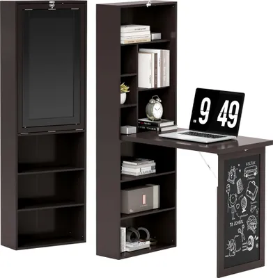 Image de Bureau avec rangement pliable murale rabattable avec bibliothššque poste de travail tableau š€ craie et šŠtagššre ršŠglable