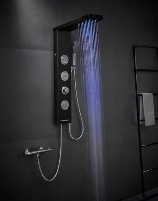 Produktbild von Duschpaneel ohne Armatur, 4-Funktionen Schwarz Duschpaneel mit Regendusche, Massagedüsen, Handbrause und Wanneneinlauf, Duschpaneele Komplett