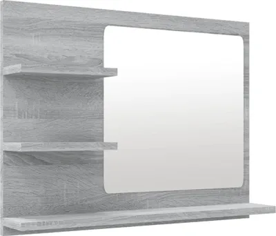 A bathroom mirror with shelves, shown against a white background.