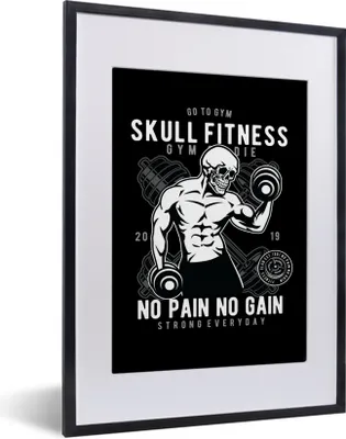 Produktbild von MuchoWow® MuchoWow® Gerahmtes Poster Gewichte - Fitness - Skelett - Retro 30x40 cm - Poster mit zchwarzem Bilderrahmen - Wandposter Schlafzimmer