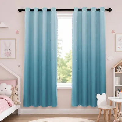 Produktbild von 2 Stück Vorhang Blickdicht Gardinen Stern Doppelschicht Ösenvorhänge mit Voile für Schlafzimmer Wohnzimmer Kinderzimmer, Blau, B132xH243cm