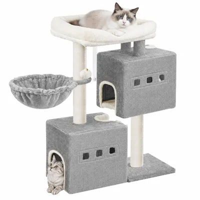 Produktbild von 75 cm Kratzbaum, Katzenbaum, kratzbaum klein, Hellgrau | Mehrstöckiger Kratzbaum mit Sitzstange, Katzenhausmöbel mit 2 Höhlen, Sisal Katzenkratzbaum