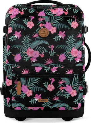 A black suitcase with a floral pattern.