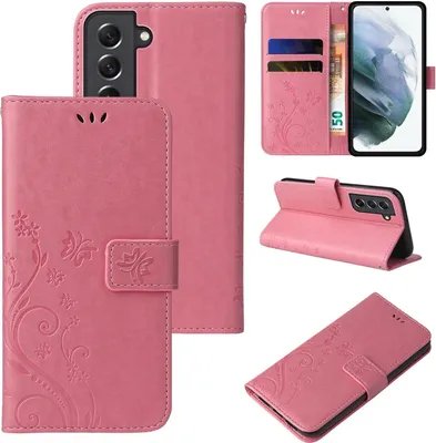 Produktbild von Handyhülle für Samsung Galaxy S21 Floral Blumen Schmetterling Flip Cover Hülle Case Klapphülle Handytasche Farbe: Rosegold