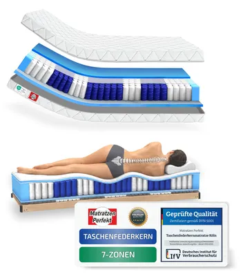 Produktbild von Matratze Köln 90x200cm H4 20cm hoch 7 Zonen Taschenfederkern Hochwertige Kaltschaumpolsterung Abnehmbarer waschbarer Bezug