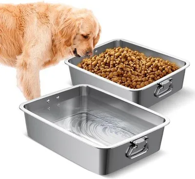 Image de Ensemble de gamelles pour animaux de compagnie en acier inoxydable, idéal pour les grands chiens et chats - 30x40 cm