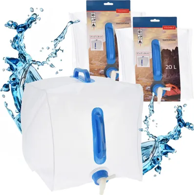 Produktbild von Faltbarer Wasserkanister - 20 Liter / 2er Set - Wasser Behälter 27x27x26 cm mit Zapfhahn
