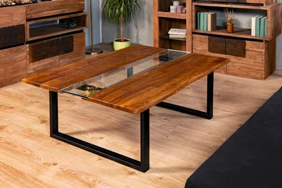Produktbild von Couchtisch Baumkante massiv Akazie nougat 118 x 80 schwarz FRANCO