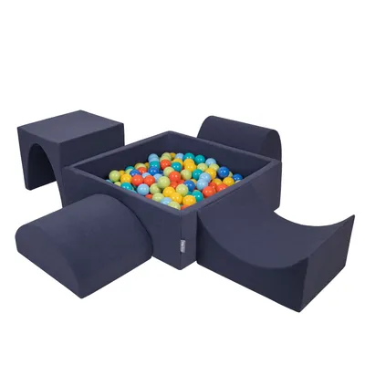 Obrázok produktu pre KiddyMoon Mäkké penové ihrisko pre deti s Štvorec loptičkovým ihriskom (200 ∅ 7 cm) s mäkkými prekážkami a loptičkovým bazénom,  vyrobené v EÚ, Tmavomodrá:Svetlo zelená/Orange/Tyrkysová/M