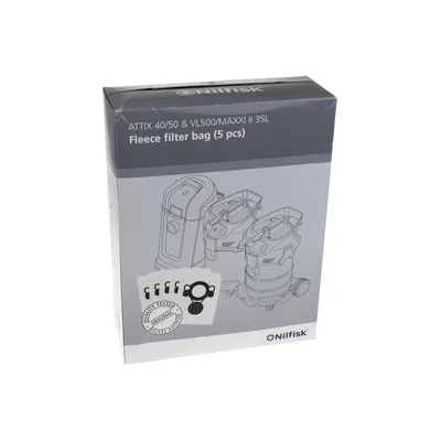 A product box for Nilfisk fleece filter bags.