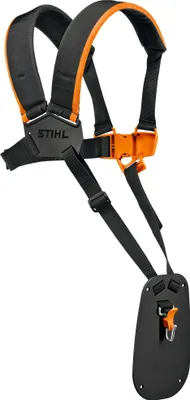 A black and orange STIHL harness with a white background.