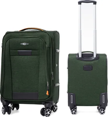 Two views of a dark green suitcase against a white background.