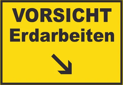 Produktbild von Vorsicht Erdarbeiten mit Richtungspfeil rechts unten Schild A1 Rückseite selbstklebend