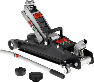 Produktbild von HEYNER® Hydraulischer Wagenheber 2,25t mit Gummiauflage & Tasche, Hubhöhe 85–380 mm, Chrom-Vanadium, extra flach, Ersatzgummipuffer für Schwellerfalz & Rundsattel