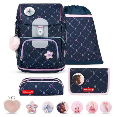 Produktbild von Belmil Motion ergonomisches Schulranzen Set 5-teilig "Midnight Gallop" aus recyceltem Material mit Brustgurt, Hüftgurt, Magnetverschluss, Patch Set 6 Stück