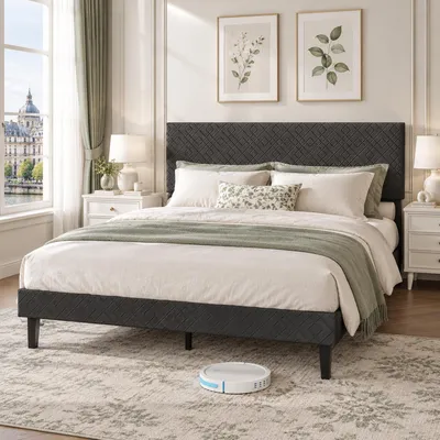 Image de INONEFT, lit rembourré 140x200 cm, lit double avec tête de lit rembourrée réglable, lit pour adolescents avec espace de rangement, structure de lit avec sommier à lattes, tissu en lin, couleur gris