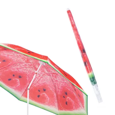 A folded umbrella with a watermelon pattern and its handle are shown against a white background.