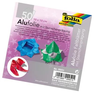 Immagine prodotto di Fogli pieghevoli Folia in alluminio con stelle, 10x10cm, 50 fogli, colori assortiti