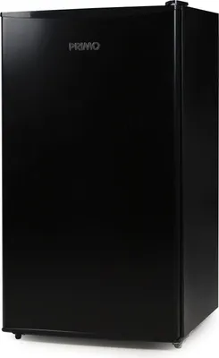 A product shot of a black compact refrigerator against a white background.