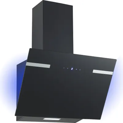 A black angled range hood with silver accents and blue ambient lighting.