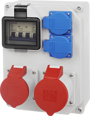 A white electrical distribution box with circuit breakers and CEE sockets.