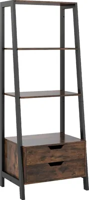 A freestanding ladder shelf with a rustic brown finish and black metal frame.