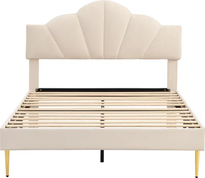 Produktbild von Flieks Polsterbett 140x190cm mit Lattenrost, Jugendbett Kinderbett mit Muschelförmigem Kopfteil, Doppelbett Massivholzbett Klassisches Bett, Samt, Beige