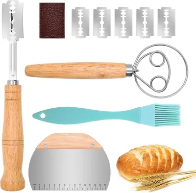 Produktbild von Backset 4-teilig, Brotmesser mit 5 Wechselklingen, Teigschaber, Teigklopfer, Backpinsel, für die Küche