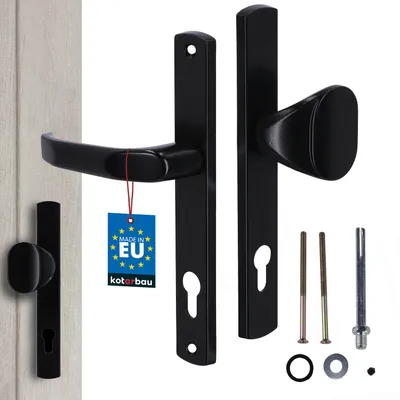 A set of black door handles and related hardware is displayed against a light gray and white background.