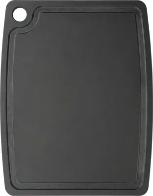 A top-down view of a black cutting board.