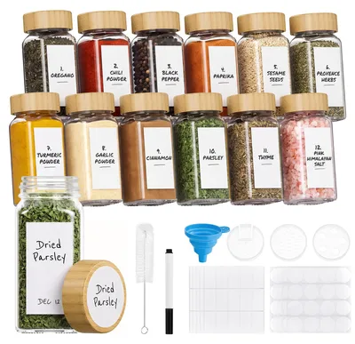 Productafbeelding van Kruidenpotjes glas - Set van 12 - 120 ml - Luchtdicht - Vierkant - Met strooideksels en etiketten - Bamboe deksels