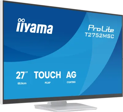Produktbild von 27" WHITE IPS Optical Bonded PCAP, 10P Touch with AG and Anti-Finger print coating, 1920x1080, Flat Bezel Free Glass Front, HDMI, DisplayPort, 345cd/m² (with touch), USB Hub 2x 3.2, Speakers