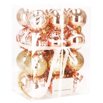 Immagine prodotto di Decorazioni per albero di Natale in plastica oro rosa 24 pz. 6 cm Decorazioni per albero di Natale 4 disegni Decorazioni per albero di Natale