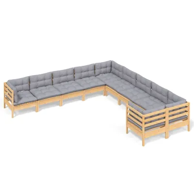 Produktbild von 10-tlg. Garten-Lounge-Set mit Grauen Kissen Kiefernholz