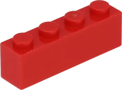 A single red Lego brick with four studs on top, isolated on a white background.