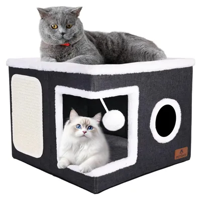 Faltbares Katzenhaus 2 Ebenen mit Kratzbrett und Spielball, grau