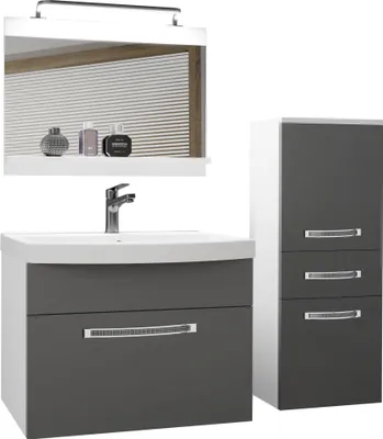 Produktbild von BELINI Badmöbel Vollausstattung Set Waschbeckenschrank, kleiner Schrank, Waschbecken, Spiegel, Lampe (Grau, Matt)