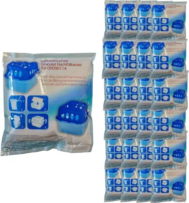 A package of dehumidifier refill bags and a stack of individual refill bags.