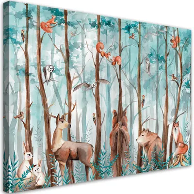 Produktbild von Leinwandbild Waldtiere: Hirsch, Bär, Fuchs 100x70 Feeby Türkis bild für die wand bereit zum aufhängen
