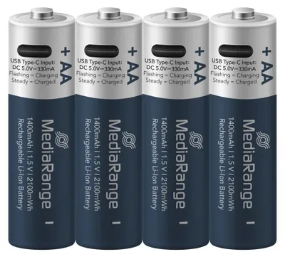 Obrázok produktu pre MediaRange MRBAT161, Nabíjateľná batéria, AA, Lithium-ion (Li-ion), 1,5 V, 4 kusov, 1400 mAh