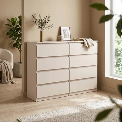 Produktbild von Masseno Kommode NUDO 120 cm Sideboard mit 8 Schubladen und  Türen für Wohnzimmer Schlafzimmer Modern 120x39x101,5 cm Kaschmir / Kaschmir